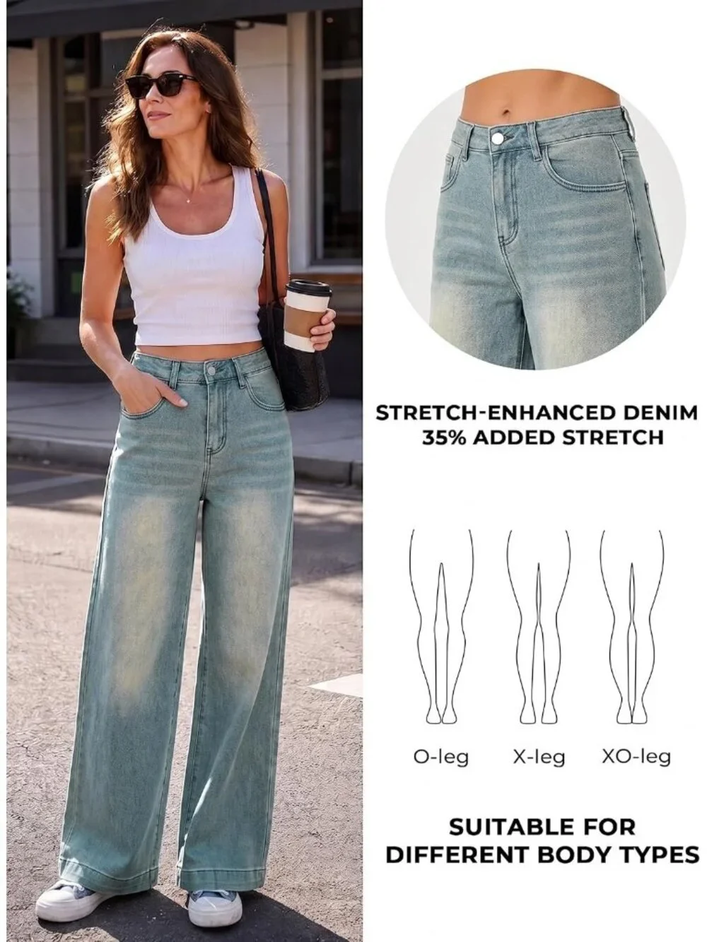 Women's Washed Blue Denim Y2k Straight Leg Button Zipper High Waisted Baggy Jean